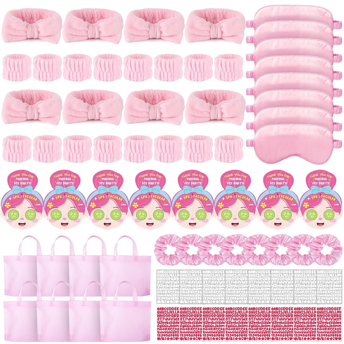 72 Pcs Spa Sleepover Party Supplies for Girls With DIY Stickers And Greeting Card Pink Headband Wristbands Eye Mask Hair Scrunchie Tote Bag Sleeping Slumber Party Favors