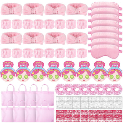 72 Pcs Spa Sleepover Party Supplies for Girls With DIY Stickers And Greeting Card Pink Headband Wristbands Eye Mask Hair Scrunchie Tote Bag Sleeping Slumber Party Favors