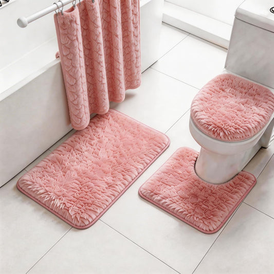 Shaggy Bathroom Rugs Sets 3Piece Bath Mat for Bathrom Non-Slip Bathrom Mats Water Absorbent Bath Rug Floor Mats Soft Washable Shower Rug with U-Shaped Contour Rug Toilet Lid Cover Light Pink
