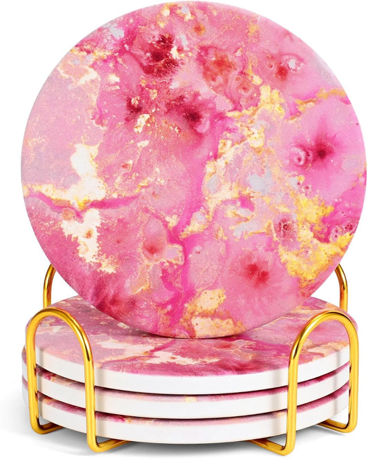 Pink and Gold Cute Desk Coasters Set of 4, Ceramic Office Drinks Coaster for Women, Pink Girls Coffee Table Decor