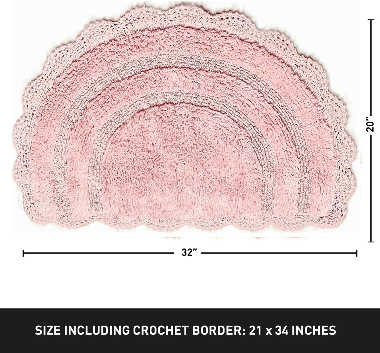Chardin home Pink Crochet Bathrug,100% Cotton Semicircle bathmat with artisanally Handcrafted Crochet Border, 20x32 Inch D Shape, Perfect for Half Baths, Powder Rooms, bathrooms