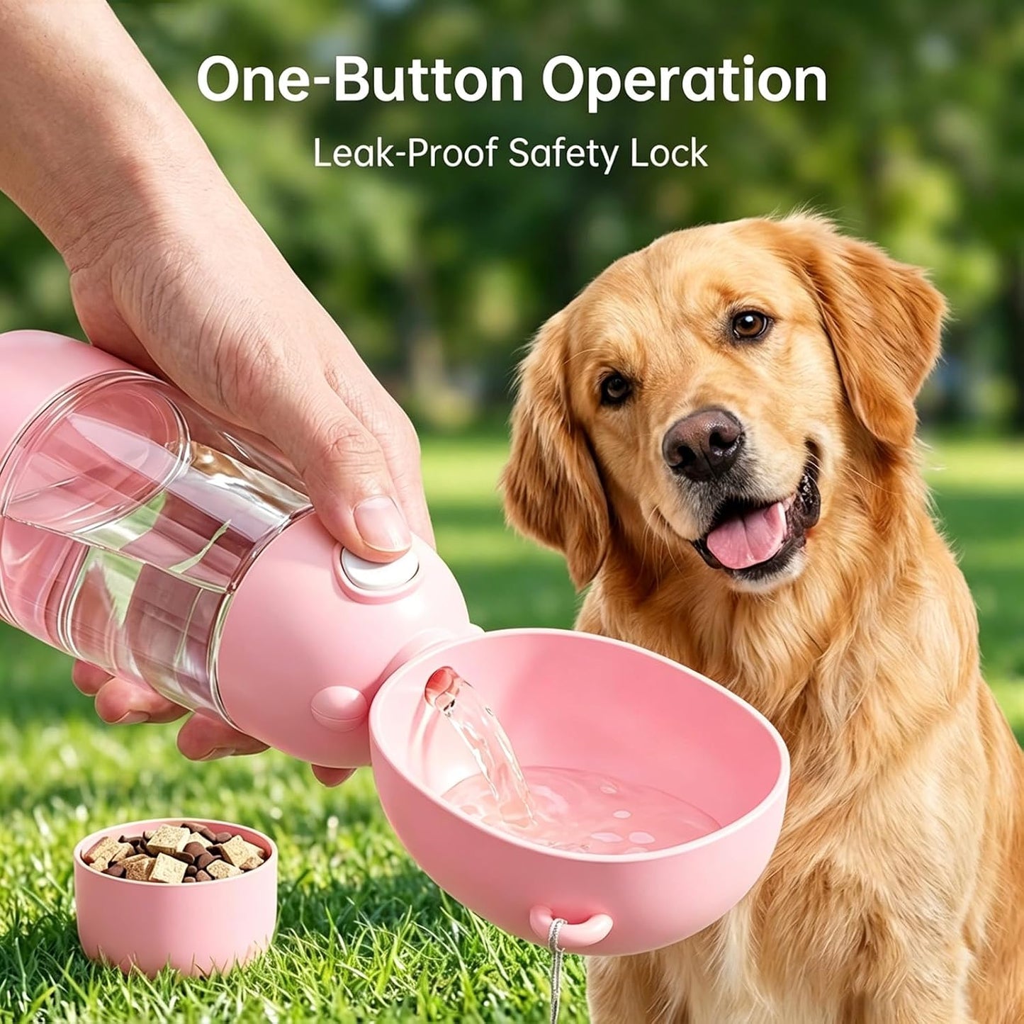 2-in-1 Dog Water Bottle, 400ML Water + 200ML Food Leak-Proof Pet Travel Water Dispenser with Detachable Bowl, BPA-Free Portable Dog Water Bottle for Walking, Hiking, Travel (Pink)