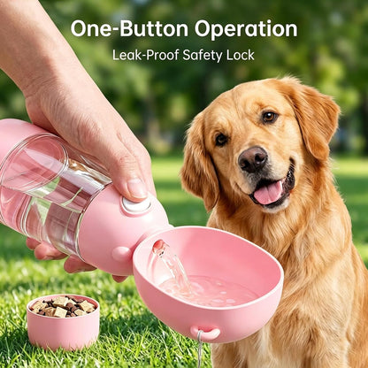 2-in-1 Dog Water Bottle, 400ML Water + 200ML Food Leak-Proof Pet Travel Water Dispenser with Detachable Bowl, BPA-Free Portable Dog Water Bottle for Walking, Hiking, Travel (Pink)