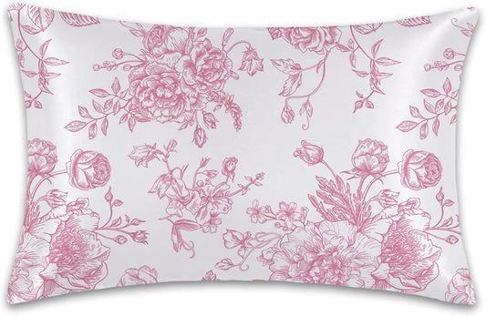 Satin Pillowcase 1 Pack - Pink Flowers Peonies Roses Silky Pillow Cover for Hair and Skin,Standard Size 20x26 Inch Soft Cooling Printed Floral Pillow Cases with Hidden Zipper,Gifts for Women Men
