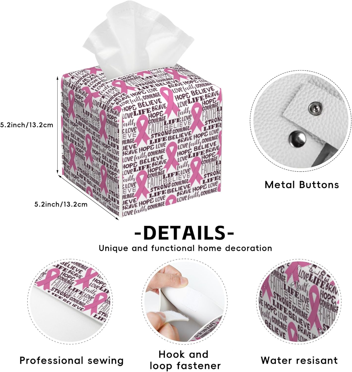 Pink Ribbon Tissue Box Cover,Breast Cancer PU Leather Tissue Box Holder Square,Modern Home Decoration for Bathroom Living Room Kitchen Office Car,5.2"×5.2"×5.2"