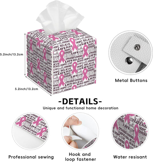 Pink Ribbon Tissue Box Cover,Breast Cancer PU Leather Tissue Box Holder Square,Modern Home Decoration for Bathroom Living Room Kitchen Office Car,5.2"×5.2"×5.2"