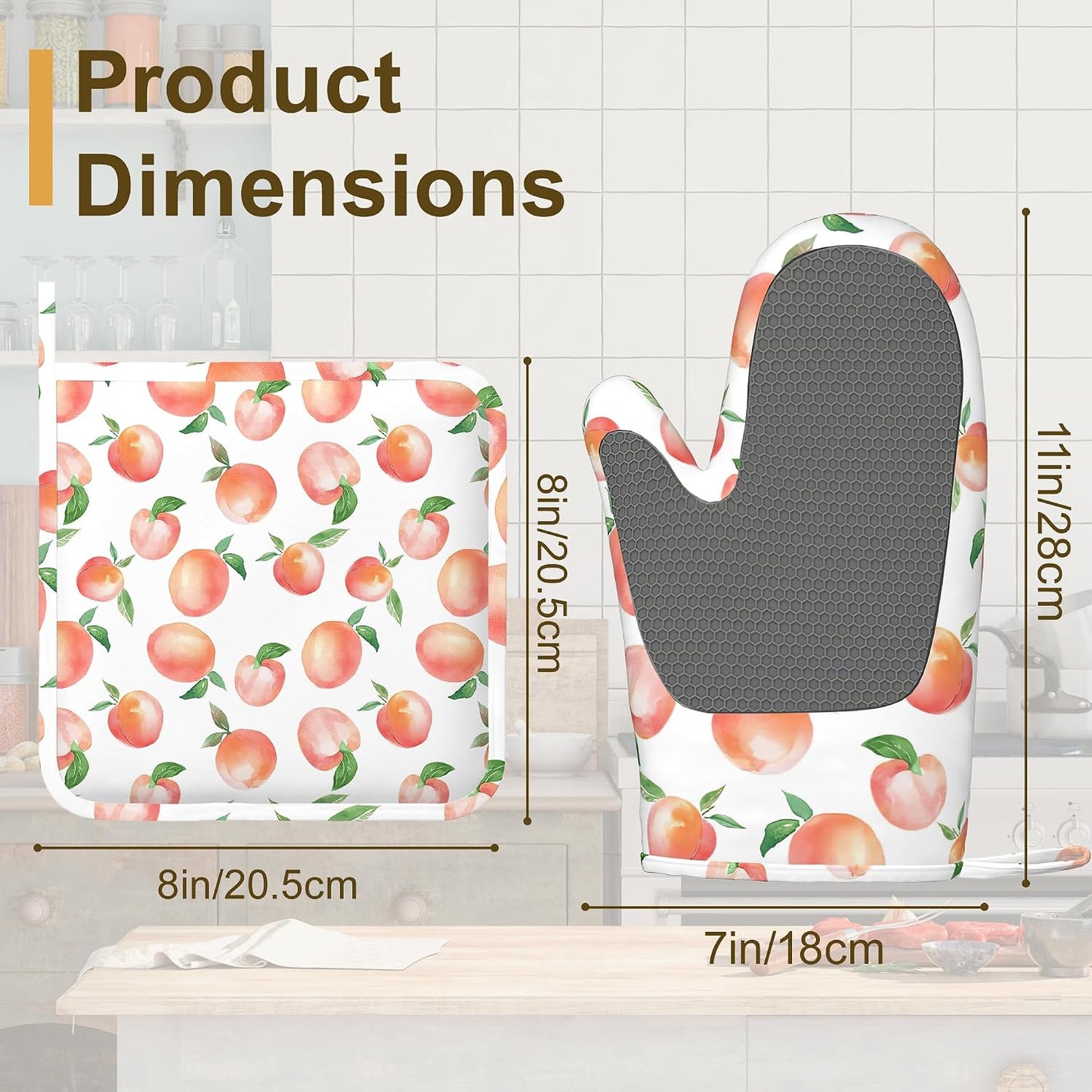 Watercolor Peaches Oven Mitts and Pot Holders Sets,Silicone Kitchen Mitts Potholders Heat Resistant 4Pcs Oven Gloves Hot Pads for Kitchen Baking Cooking