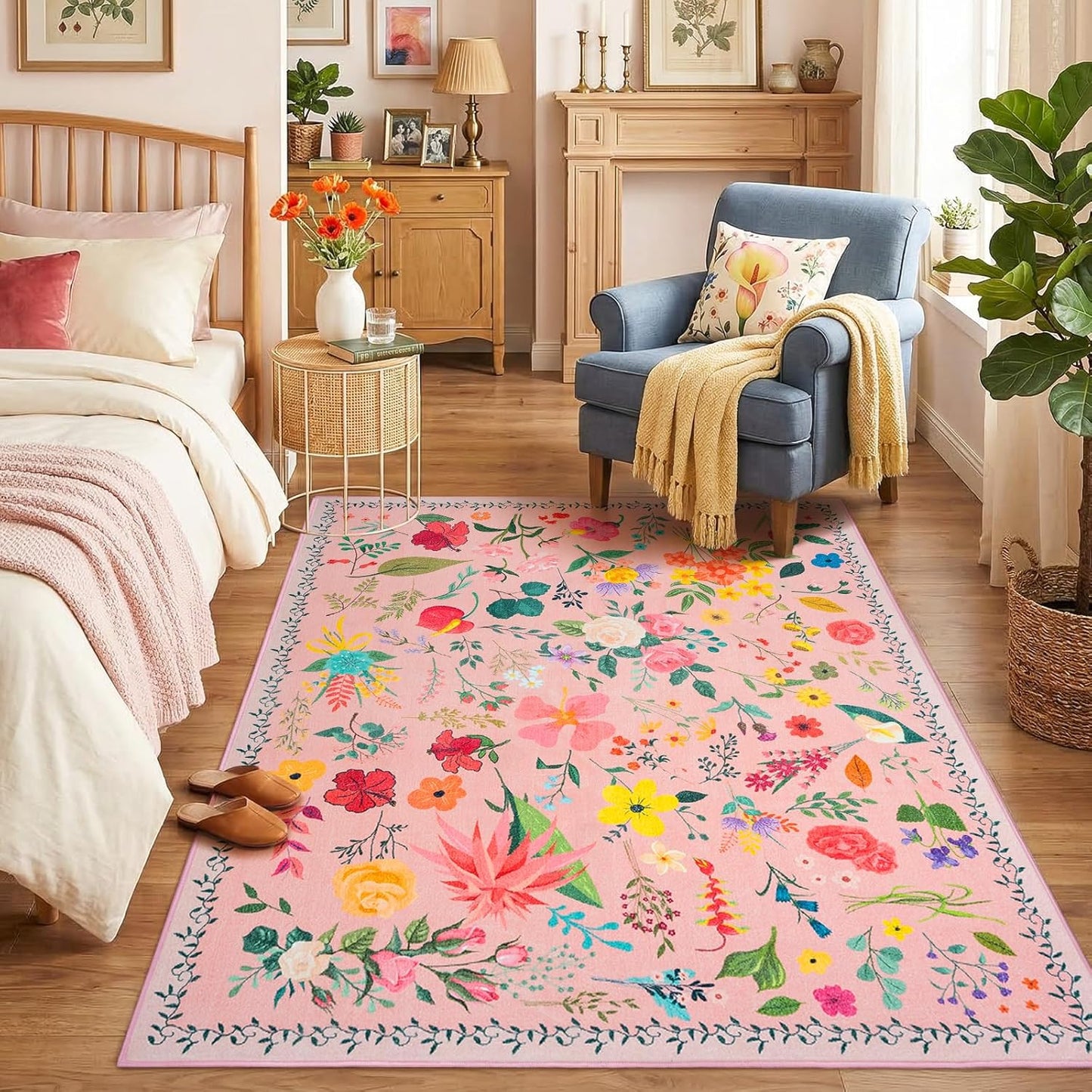 Area Rug for Living Room, 4x6Ft Washable Rug, Floral Low Pile Non-Slip Carpet for Bedroom Office Playroom Entryway Kitchen Dining Room, Pink