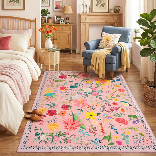 Area Rug for Living Room, 4x6Ft Washable Rug, Floral Low Pile Non-Slip Carpet for Bedroom Office Playroom Entryway Kitchen Dining Room, Pink