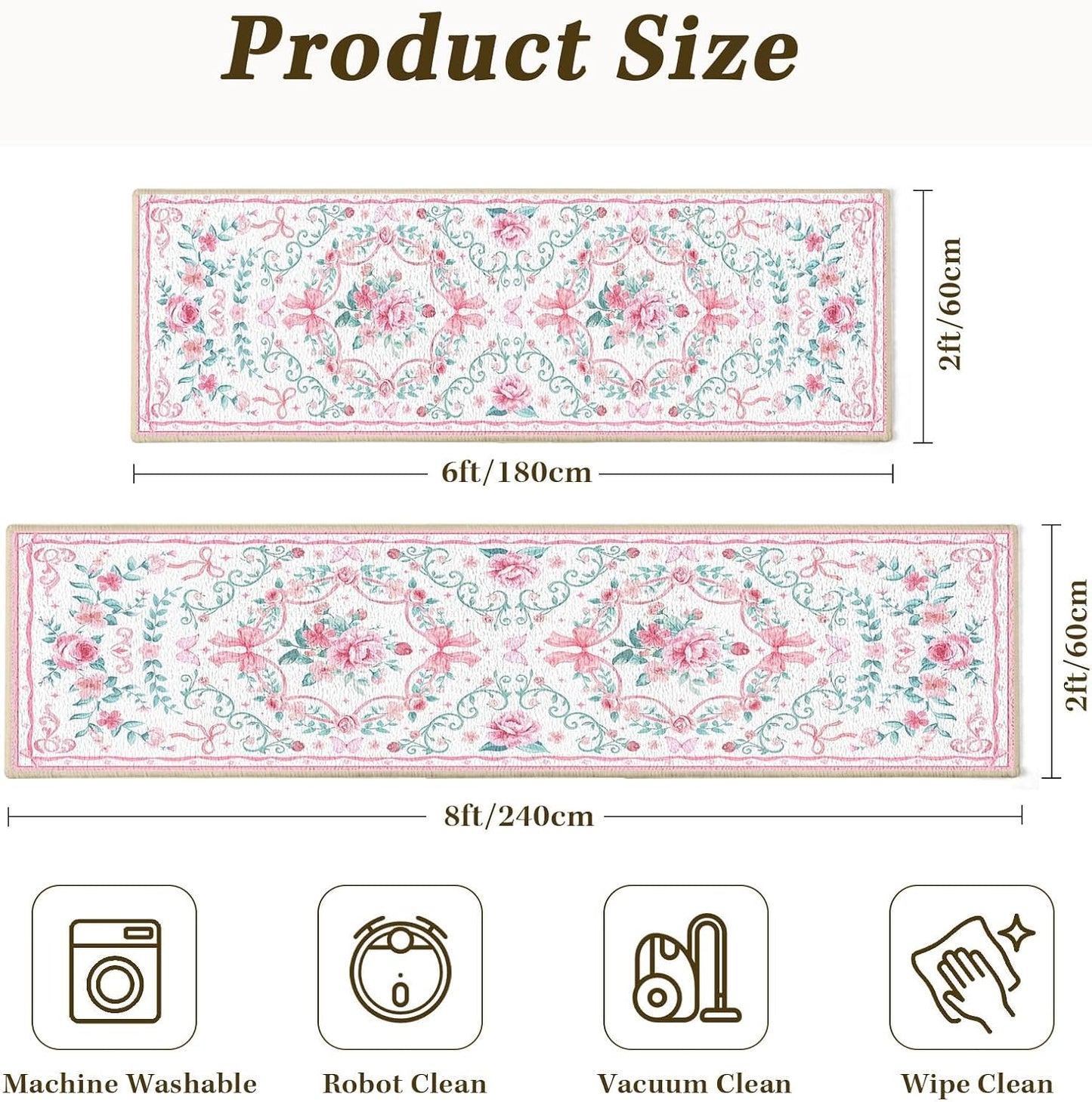 Hallway Runner Rug 2x6 - Washable Runner Rugs Non-Slip Low Pile Kitchen Runner Carpet for Laundry Room Entryway Bathroom Bedroom Living Room Floor Decor (2' x 6', Pink/Bow)