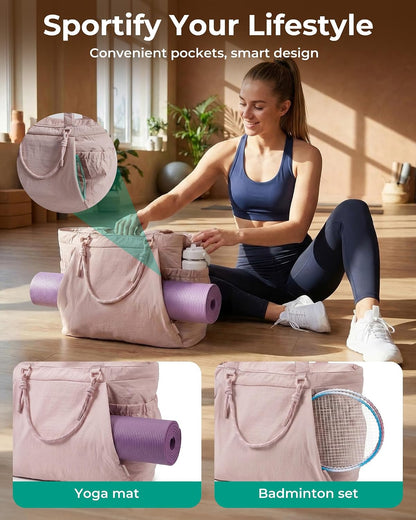BAGSMART Yoga Pilates Tote Bag for Women with Knotted Handle, Gym Bag | 23L lightweight & waterproof shoulder sling bag, gym bag with yoga mat holder, for 15.6'' Laptop, ideal for work travel