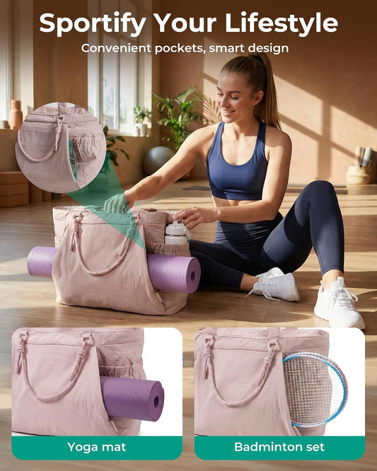 BAGSMART Yoga Pilates Tote Bag for Women with Knotted Handle, Gym Bag | 23L lightweight & waterproof shoulder sling bag, gym bag with yoga mat holder, for 15.6'' Laptop, ideal for work travel
