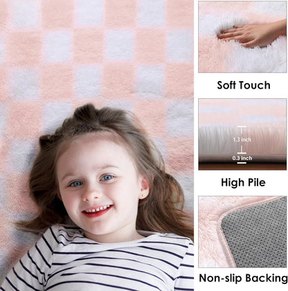 KICMOR Light Pink and White Rugs for Bedroom Girls, 4x6 Fluffy Fuzzy Checkered Shag Area Rug Shaggy Bedside Carpet, Soft Plush Cute Rug for Toddler Kids Baby Nursery Teen Dorm Living Room Home Decor