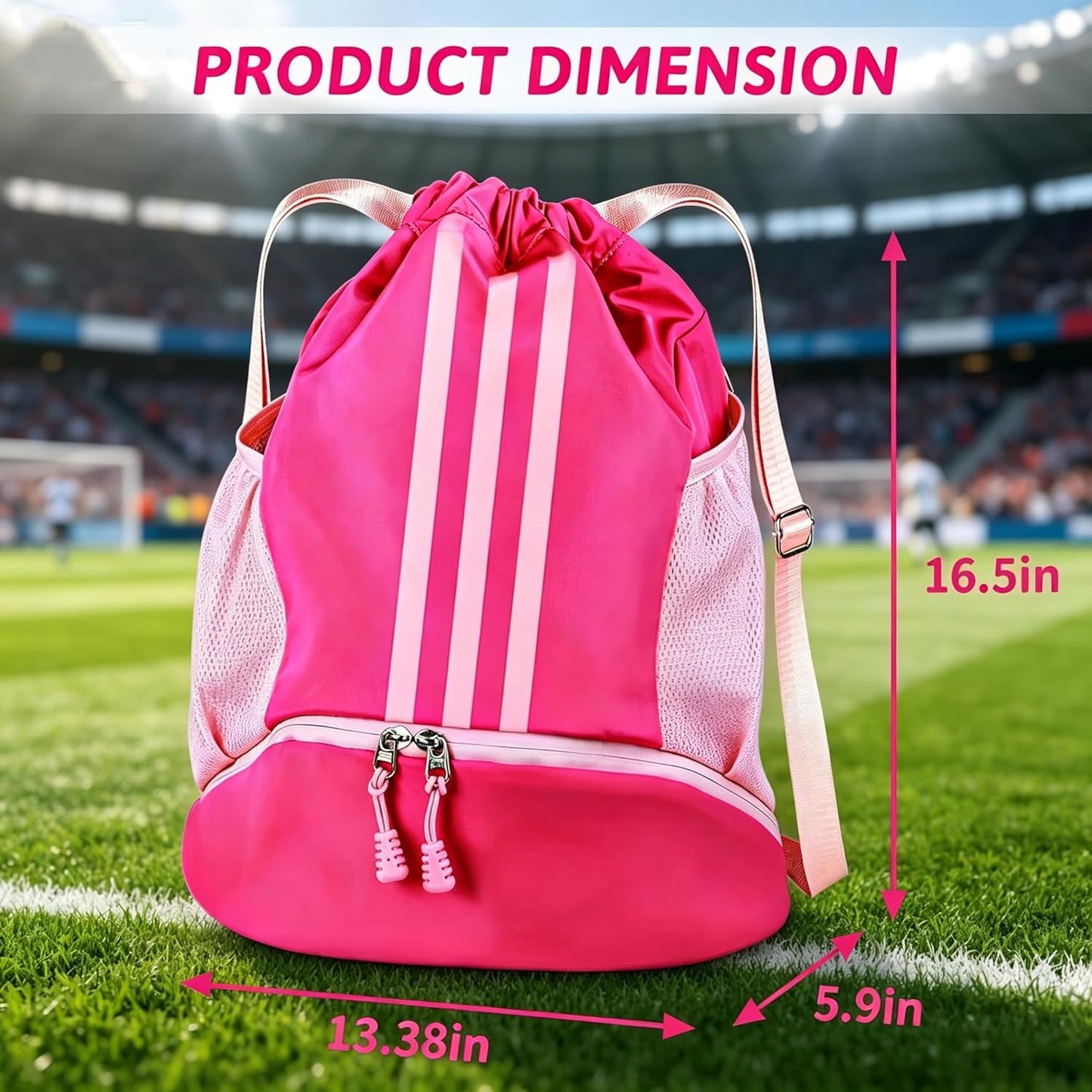 Soccer Bag, Youth Soccer Basketball Bag with Compartments Drawstring Backpack for Football Volleyball Gym Training (Pink)