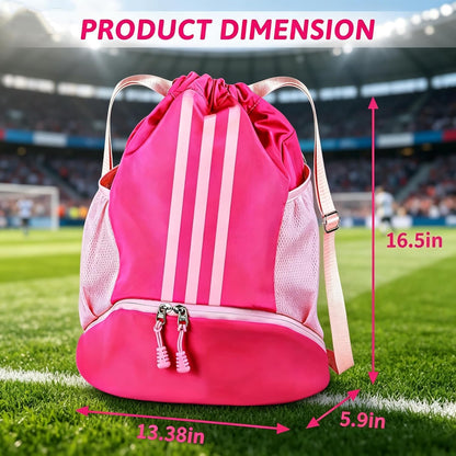 Soccer Bag, Youth Soccer Basketball Bag with Compartments Drawstring Backpack for Football Volleyball Gym Training (Pink)