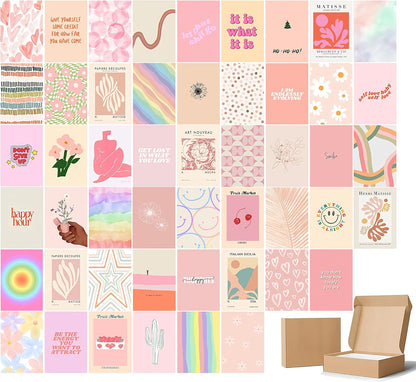 EDUS Pink Danish Pastel Room Decor, Wall Collage Kit, Aesthetic Posters Prints for Teen Girls, Dorm, 50pcs (4x6 inch), Trendy Wall Art