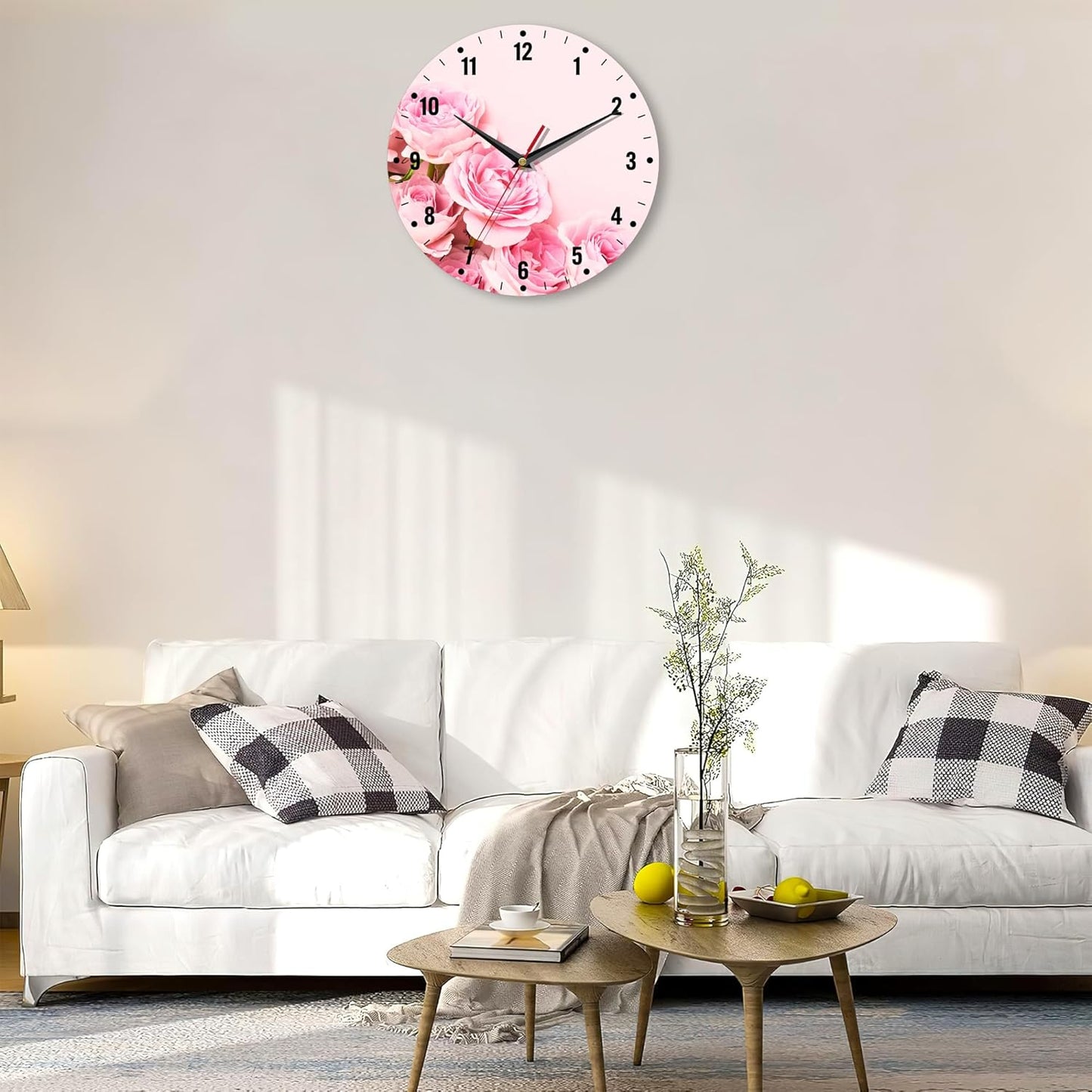 SPUNKER Wall Clock,Pink Roses Flowers Wall Clocks for Living Room Decor,Floral Kitchen Clocks Wall Battery Operated - 10 Inch Round Bathroom Wall Clock Silent Non-Ticking