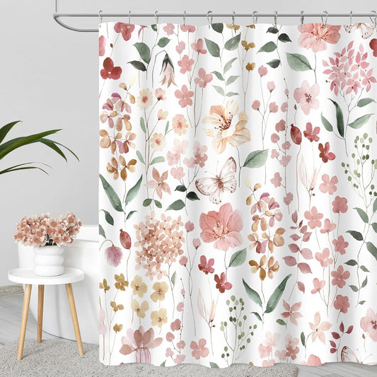 MAYZUS Long Shower Curtain 72 x 78 Inch, Tall Coral Floral Shower Curtain for Bathroom, Watercolor Flower Butterfly Fabric Shower Curtain Set with Hooks, Coral Pink, Peach