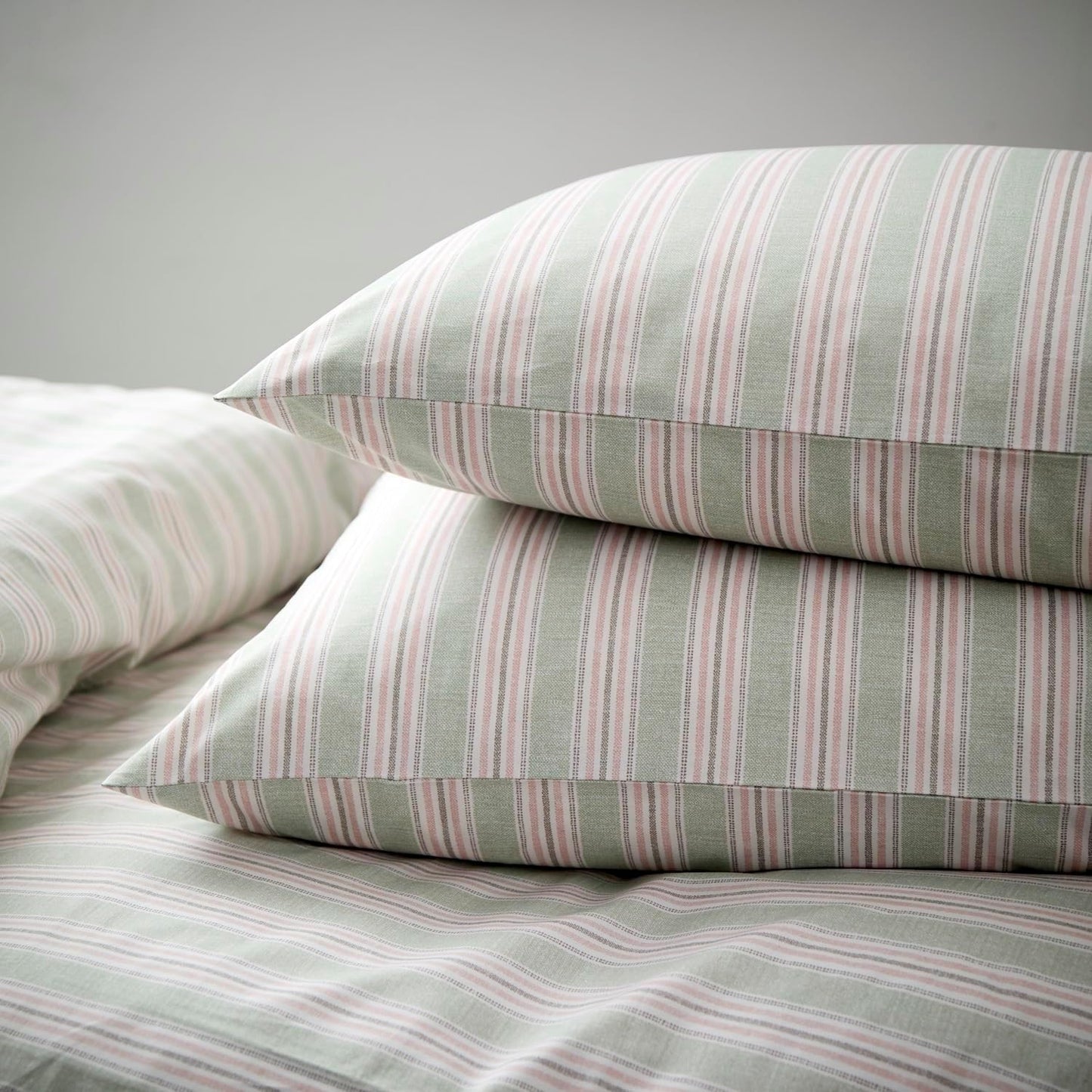 Christy Calder Stripe Standard Pillowcase Set | 100% Cotton | Cool Crisp Cotton Percale | Heritage Inspired Variegated Stripes Design | Bedding Bundle | Pink and Green