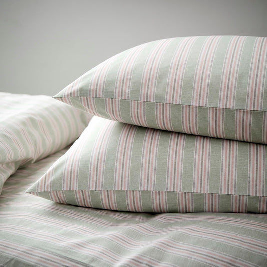 Christy Calder Stripe Standard Pillowcase Set | 100% Cotton | Cool Crisp Cotton Percale | Heritage Inspired Variegated Stripes Design | Bedding Bundle | Pink and Green