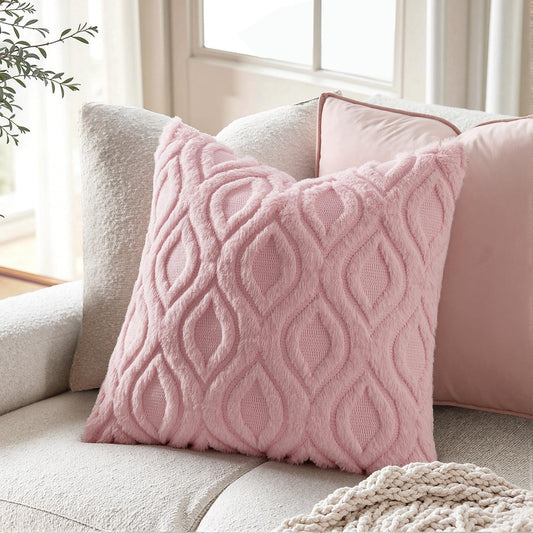MIULEE Light Pink Valentines Throw Pillow Covers 18x18 Inch, Soft Spring Plush Faux Wool Couch Pillow Covers Set of 2 Decorative Farmhouse Boho Throw Pillows for Sofa Living Room Bed