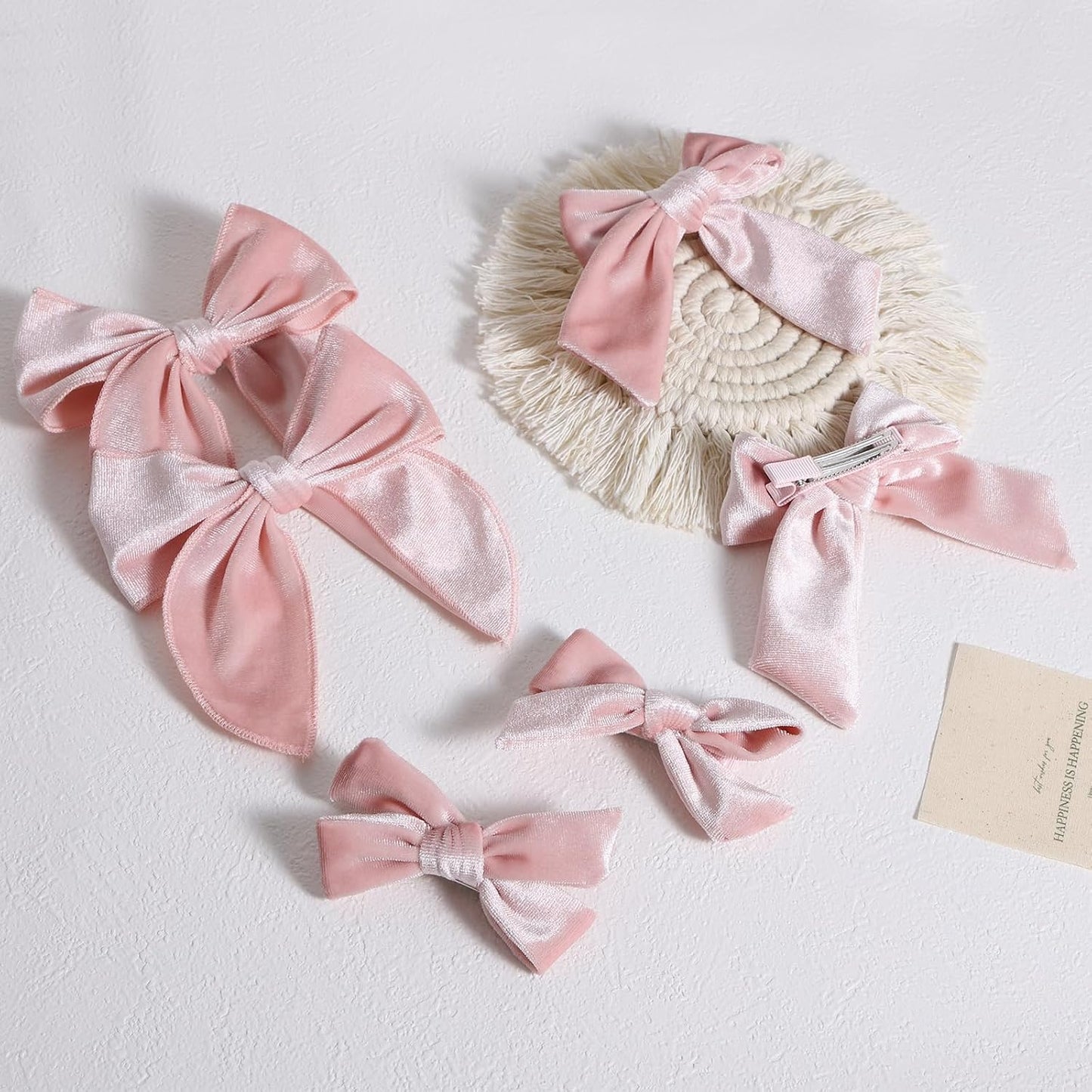Velvet Hair Accessories 6pc 5"& 3.5"&4" Handmade Light Pink Knot Bows Ponytail Alligator Clip for Teen Toddler Girls Women Birthday Tutu Valentines Party Dress Decor Accessory Gift