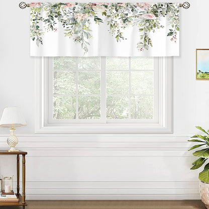 Pink Rose Valances Kitchen Curtains Flower Eucalyptus Botanical Leaves Window Drapes Floral Plants Bedroom Bathroom Living Room Treatment Tier 1 Panel 52Wx18H Inch