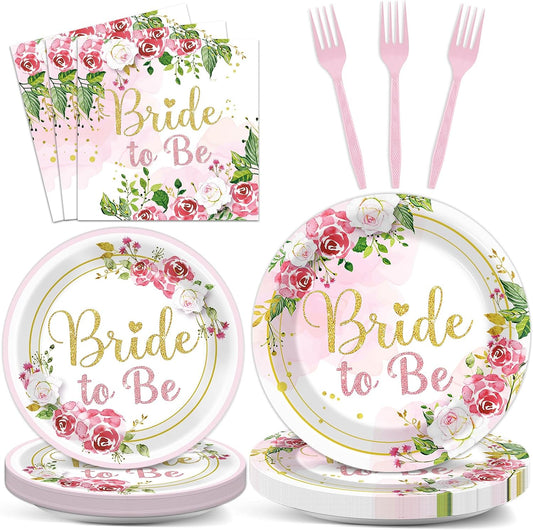 96Pcs Bridal Shower Party Decorations Floral Bride to Be Paper Plates Napkins Flower Pink Gold Wedding Tableware Set Supplies Disposable for Women Engagement Bachelorette Party Favors Serves 24