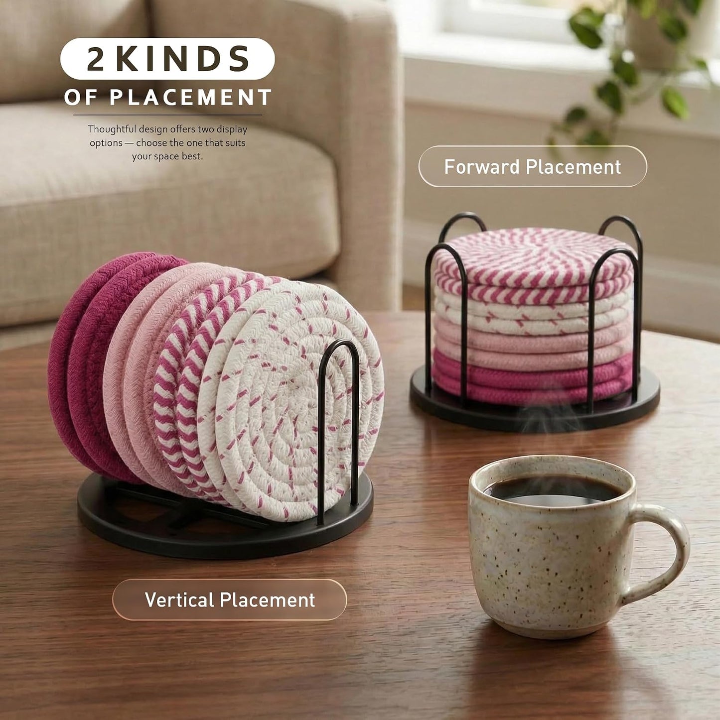 Lazebox Coasters Set of 8 for Drinks, 4 Inch Large Coasters for Coffee Table, Tabletop Protection for Hot & Cold Drinks, Versatile Coasters for Home Decor, Non-Slip & Easy to Clean, Pink