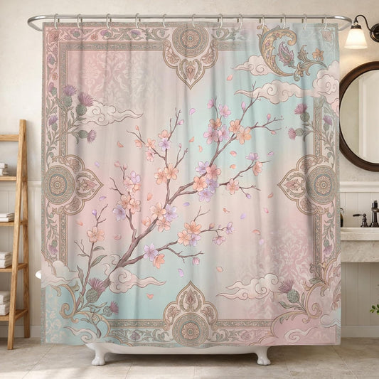 Cherries Blossom Shower Curtain, Oriental Elegant Cloud Ornate Frame Spring Pastel Peach Waterproof Fabric Bathtub Cloth Curtains for Home Bathroom Toile Hotel Decor 72x72 Inch