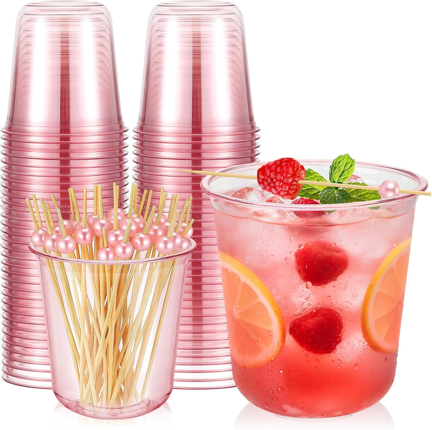 Ziliny 50 Pcs Pink Plastic Cups with 100 Pcs Pearl Decorative Cocktail Tooth Picks, Disposable Stemless Cups Bamboo Cocktail Skewers Sticks for Wedding Christmas Holiday Pink Party