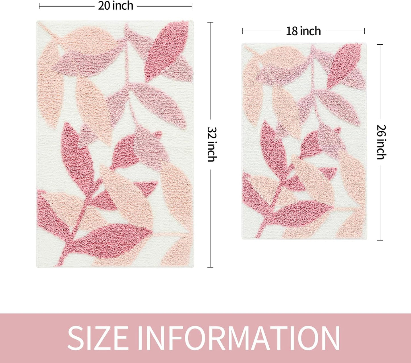 Gibelle Pink Bathroom Rug, Non-Slip Strong Water Absorbent Plush Microfiber Bath Mat, Machine Washable Bathroom Floor Mat Shower Rug Cute Leaves Bathmat Indoor Doormat, 20"x32"