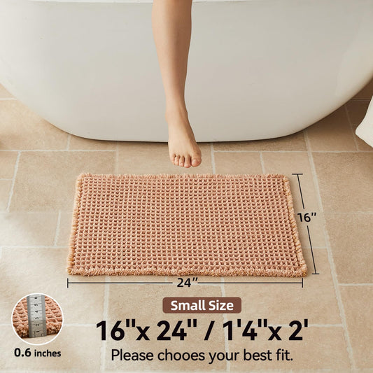 Triohero Waffle Bath Mat, Small Boho Bathroom Rugs Non Slip Washable, Ultra Soft Super Absorbent Quick Dry Farmhouse Bathroom Decor, 16" x 24", Light Peachy