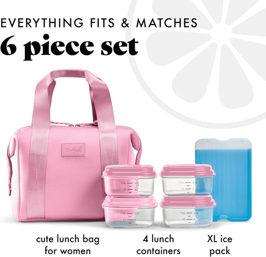 Fit & Fresh Remi Lunch Bag for Women Work – Neoprene Lunch Tote with Containers & Ice Pack, Reusable Meal Prep Lunch Box, Large Capacity, Machine Washable, Pink