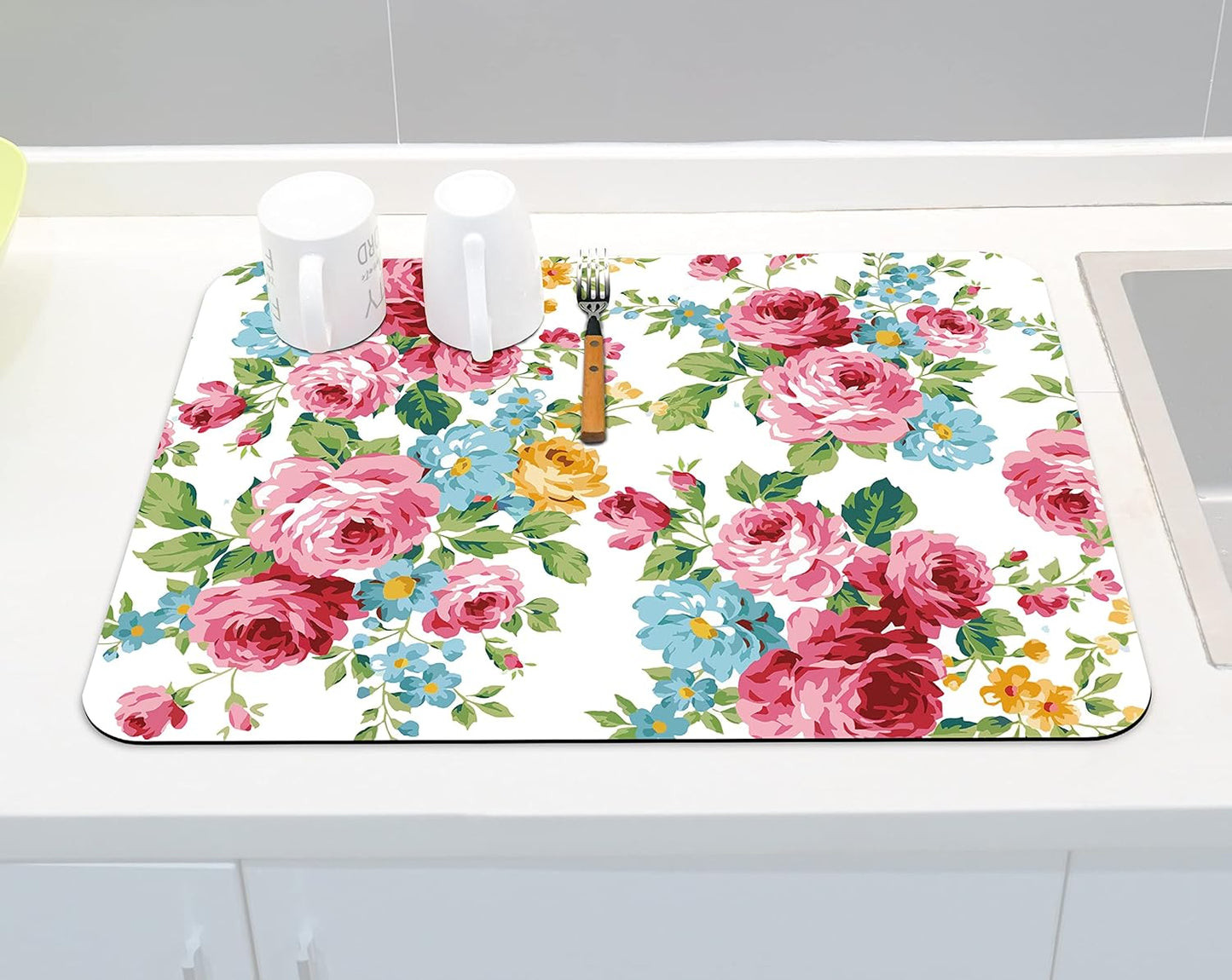 Rubber Dish Drying Mat for Kitchen Counter Large Pink Red Roses Floral Washable Quick Home Coffee Pad Fit Under Sink,Bar,Utensils 18x24in