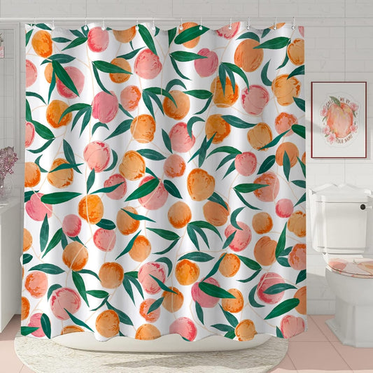 Lifeel Peach Shower Curtain, Allover Fruits Cute Bright Colorful Design Waterproof Fabric Bathroom Curtains Set with 12 Hooks, Peachy Pink 72×72 inch