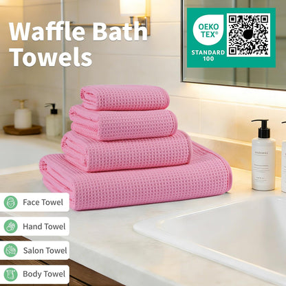 MICROFI Waffle Weave Bath Towel Set, Microfiber, 4 Pieces (Body/Hair/Hand/Face), Quick Dry, Lightweight, Super Absorbent, Lint Free, 380 GSM (Pink)