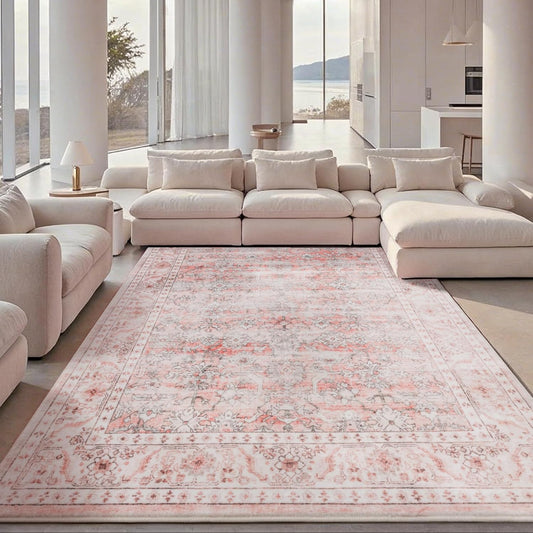 Carvapet 3x5 Pink Area Rug - Small Vintage Floral Faded Floor Carpet, Washable Low Pile Thin Mat with Skid-Resistant Rubber Backing for Entryway Bedroom Office
