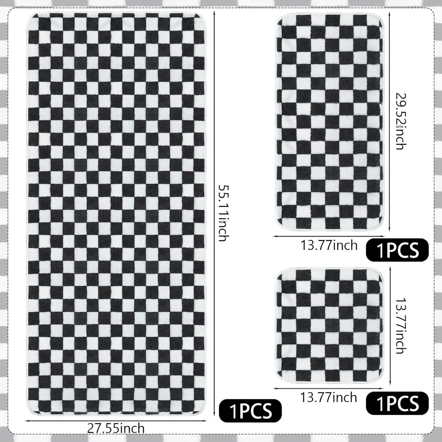 Peryiter 3 Pcs Bath Towels Set Black and White Checkerboard Coral Fleece Bathroom Towel Lightweight Soft Quick Dry Wash Cloth for Home Gym Spa Beach Accessories