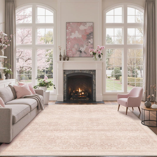 BESBLEE 4X6 Area Rugs Machine Washable Rugs for Living Room, Vintage Boho Large Rugs for Bedroom Dining Room, Non Slip Indoor Soft Distressed Lightweight Thin Low Pile Carpet, Pink