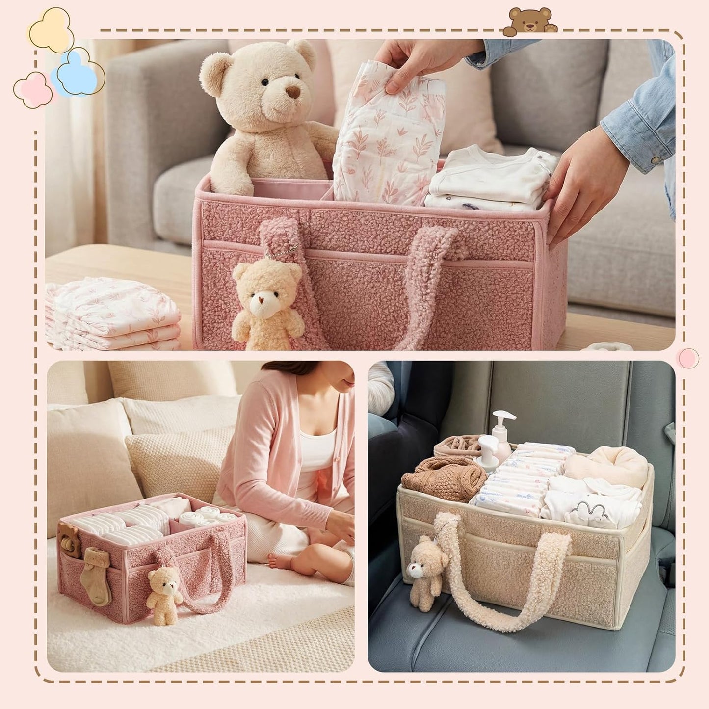Shinylin 2 Pack Diaper Caddy Organizer Baby Caddy Organizer with Handle Nursery Storage Bin and Car Storage Basket for Diapers, Wipes, Newborn Necessities Baby Shower Gifts(Powder Pink and Ivory)