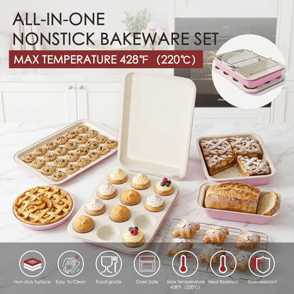 Kikcoin Pots and Pans Set Non Stick 31 Piece Kitchen Nonstick Cooking Cookware Sets with Grill Pan Saucepan Baking Sheet Utensil, Pink