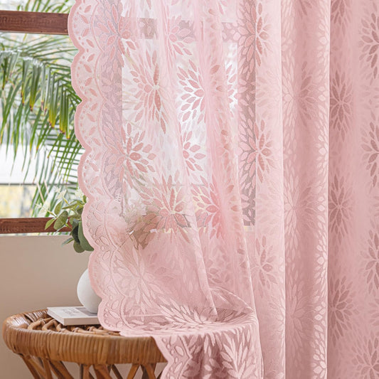 MIULEE Vintage Lace Curtains 84 Inches Long 2 Panels, Victorian Floral Scalloped Semi Sheer Curtains Light Filtering Rod Pocket Panels Decor for Girl Bedroom Living Room, 52" W x 84" L, Light Pink