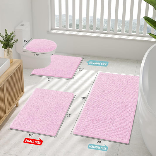 Smiry Luxury Chenille Bathroom Rugs 24x16, Extra Soft and Absorbent Shaggy Bath Mat, Machine Washable, Non-Slip Plush Carpet Runner for Tub, Shower, and Floor, Home Decor Accessories, Pink