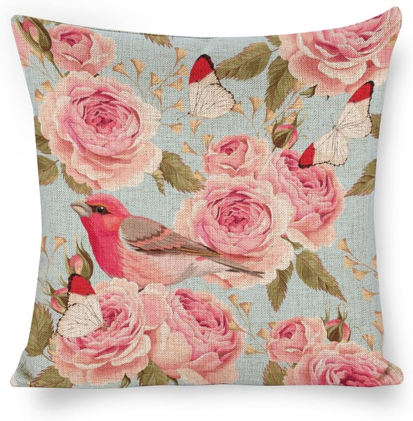 Linen Pillow Case Blue Pink Rose Bird Pattern 18x18 Inch Double Sided Decorative Cushion Cover for Sofa Bed Chair Car