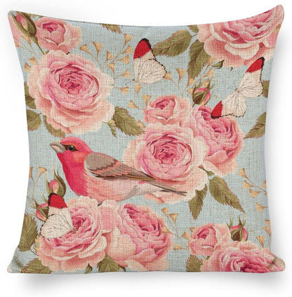 Linen Pillow Case Blue Pink Rose Bird Pattern 18x18 Inch Double Sided Decorative Cushion Cover for Sofa Bed Chair Car
