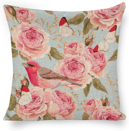 Linen Pillow Case Blue Pink Rose Bird Pattern 18x18 Inch Double Sided Decorative Cushion Cover for Sofa Bed Chair Car