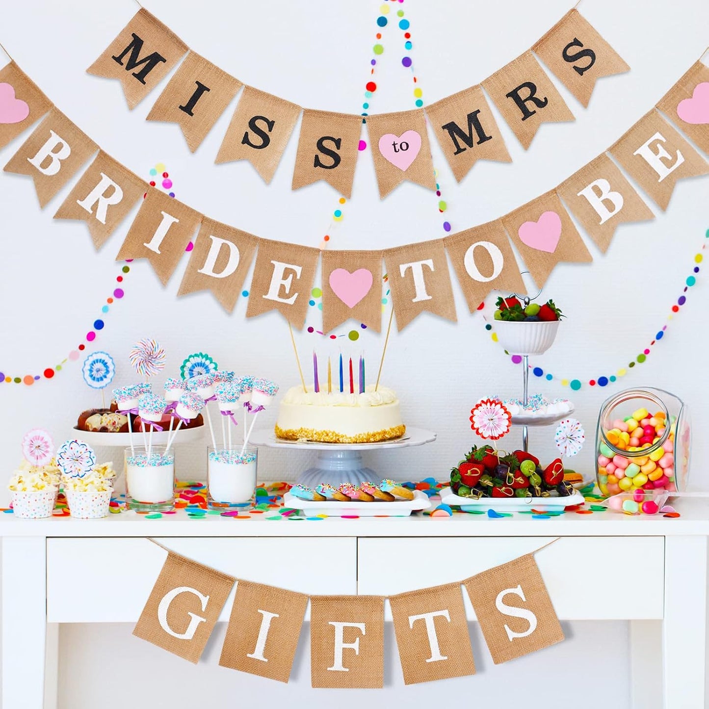 Blulu 3 Pieces Bridal Shower Decor Set Rustic Burlap Bunting Banner Gifts for Bachelorette Party Decoration(Pink)