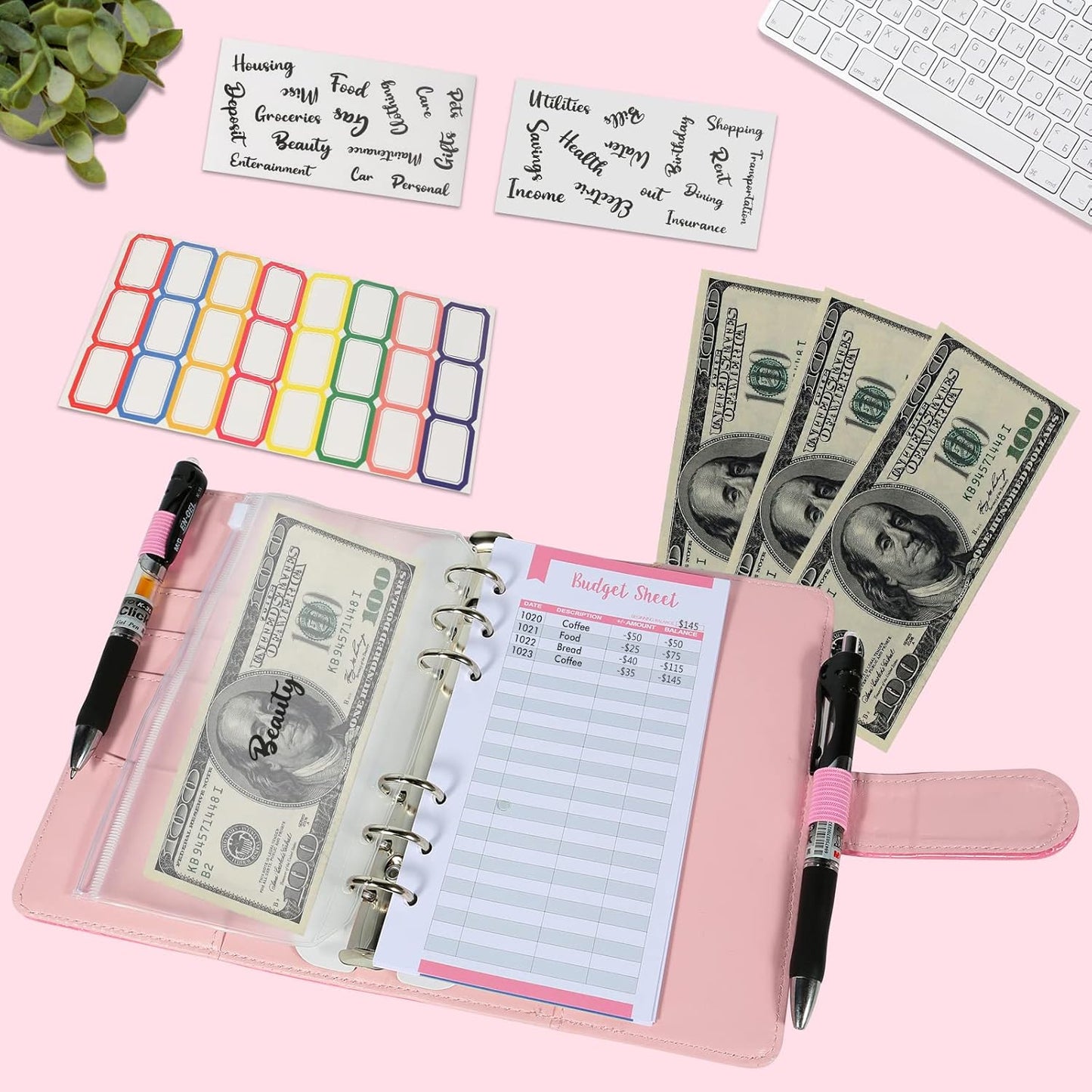 A6 6 Ring Budget Binder - Crocodile Pattern Leather Notebook Binder, Small Refillable Planner Cover with Magnetic Buckle, Pink