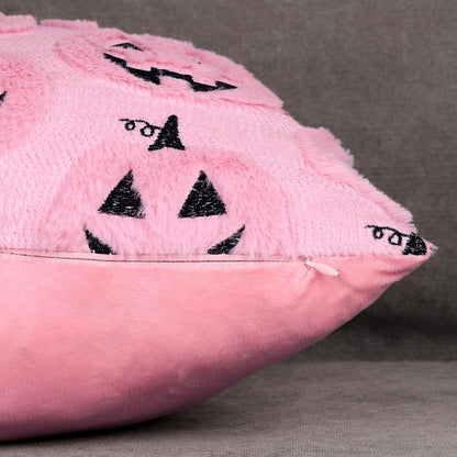 4TH Emotion Halloween Pumpkin Decorative Pillow Covers 18x18 Set of 2, Pink Soft Plush Faux Fur Farmhouse Throw Cushion Cases for Fall Autumn Holiday Home Decorations
